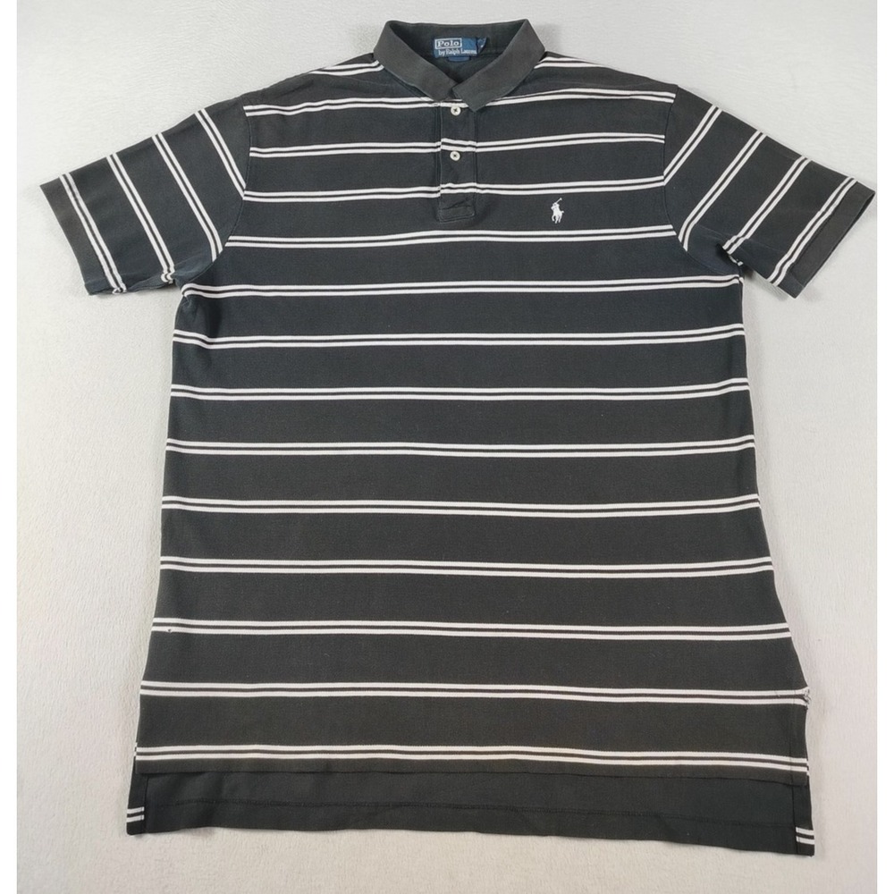 Vintage Polo By‎ Ralph Lauren Polo Shirt Mens XL Black Striped Distressed Casual